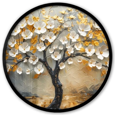 Poster in lijst Rond - Fotolijst 40x40 cm - Posters - Boom - Bloemen - Goud - Beige - Ronde posterlijst zwart - Decoratie - Wanddecoratie woonkamer - Muurdecoratie slaapkamer