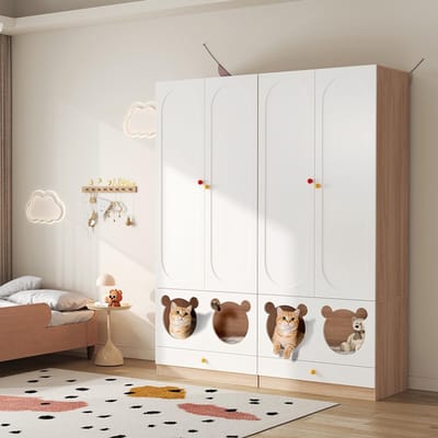 Pugsdrly Kinderkast, gecombineerde kast in 2 delen, met kledingroede, met kattenbed, gelakte panelen + spaanplaat, keramische handgrepen, wit + naturel houtkleur, 160 × 50 × 200 cm