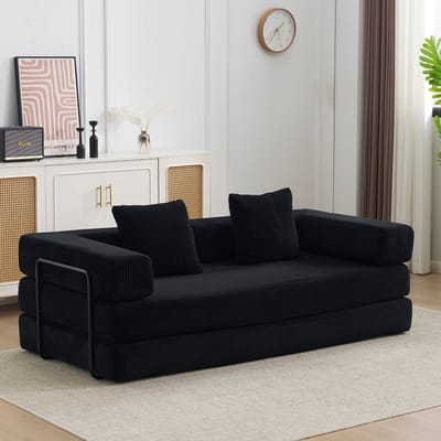 Multifunctionele Corduroy Slaapbank–Vaste Framebank–Opvouwbaar met 2 Kussens en Armleuningen–Comfortabel 2-in-1 Ontwerp–Geschikt voor 2 Personen–Te Gebruiken als Logeerbed, Bank en Ligstoel–Ideaal voor Woonkamer, Appartement of Kleine Ruimtes–Zwart