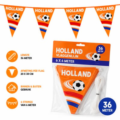 Oranje Versiering | Vlaggenlijn 36 meter Oranje Vlaggetjes Hup Holland