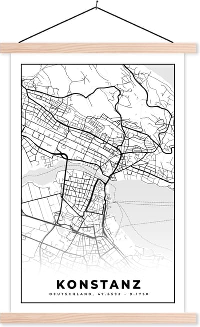 Posterhanger incl. Poster 40x60 cm - Schoolplaat - Konstanz - Plattegrond - Kaart - Stadskaart - Textielposter - Blanke latten - Stadskaart