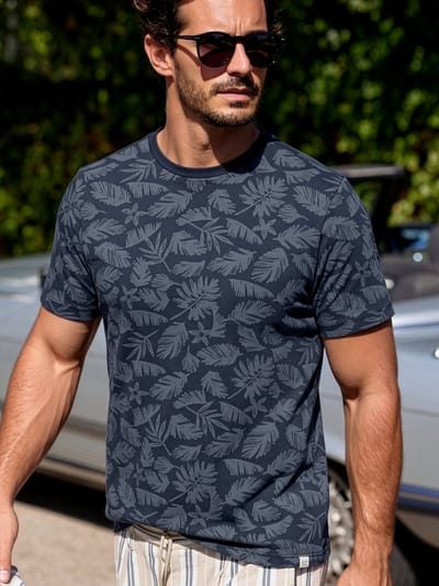 LERROS T-shirt met ronde hals van puur katoen met bloemenprint , Maat: M , Kleur: CLASSIC NAVY , 100% katoen