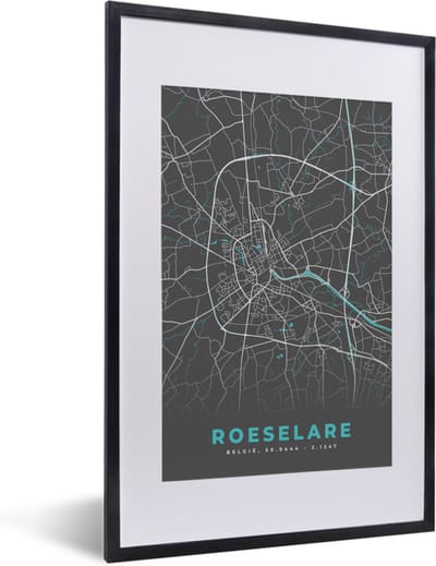 Fotolijst incl. Poster - België – Roeselare – Stadskaart – Kaart – Blauw – Plattegrond - 40x60 cm - Posterlijst