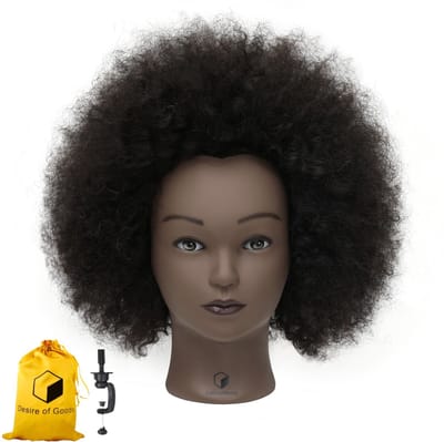 Desire of Goods Afro oefenhoofd kappershoofd - Kaphoofd voor meisjes - Kappop - Donkerbruin echt haar - Met tafelklem - 30 cm