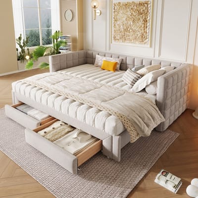 MEUNIQ Slaapbank 90 x 200 cm met uitschuifbaar bed, 2 lades en vierkante rugleuning, fluwelen bedbank zonder matras voor slaapkamer of logeerkamer, beige