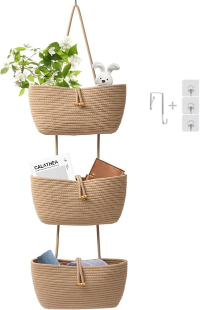 Katoenen touwmanden met 3 niveaus met knoopriem over de deur, wandhangende manden voor kinderkamer, woonkamer, badkamer, deuropbergorganizer voor decoratie-jute