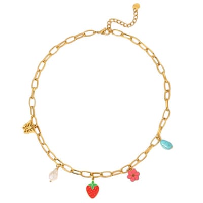 Aramat Jewels | Halskettingen | Goudkleurige bedelketting met parel, emaille & steen – 40+5 cm | | | |1,5mm | Staal | Volwassenen | Verkleurd niet
