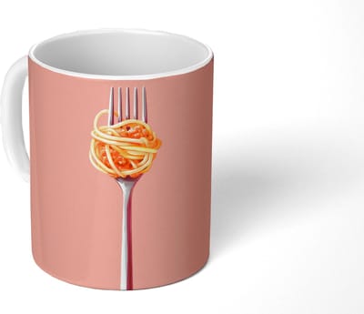 Mok - Koffiemok - Vork - Spaghetti - Artistiek - Roze - Mokken - 350 ML - Beker - Koffiemokken - Theemok