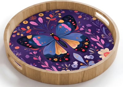 Dienblad rond 40x40 cm - Schootdienblad hout - Sierlijk - Bloemen - Vlinder - Paars - Borrelplank rechthoek - Plateau houten dienbladen
