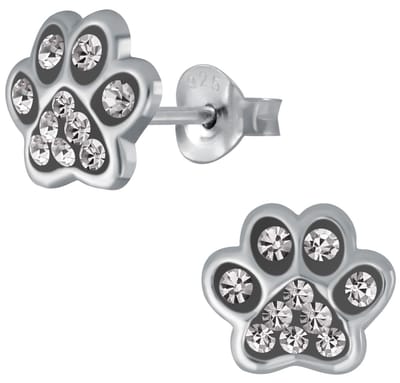 Joy|S - Zilveren kat hond dieren poot oorbellen - 8 mm - kristal antraciet - dierenpoot