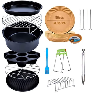 11-delige Airfryer Accessoires Set 8 inch - Compatibel met Ninja, COSORI, GoWISE, Philips en COYZA 3.8QT-5.3QT airfryers vanaf 22 cm - met cakevorm, pizzapan, muffinvorm, grillrek, spiesrek, bakpapier, tang, kwast en RVS siliconen accessoires