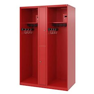Brandweerkluis C+P Evolo Maxi, 4 vakken voor 2 personen, zonder helmhouder, vloerglijders, B 1200 x D 500 x H 1850 mm, RAL 3000 vuurrood
