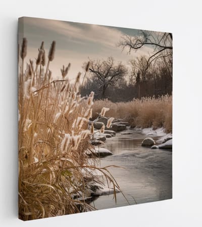 Saammp Canvas Schilderij - Bevroren Gras - Bloemen - Landschap - Natuur - 20x20 - Foto op canvas - Wanddecoratie - Muurdecoratie Woonkamer - Slaapkamer decoratie - Canvas Print