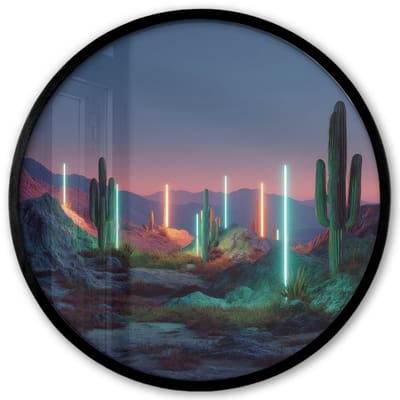 Poster in lijst Rond - Fotolijst 40x40 cm - Posters - Cactus - Lichtzuilen - Zonsondergang - Ronde posterlijst zwart - Decoratie - Wanddecoratie woonkamer - Muurdecoratie slaapkamer