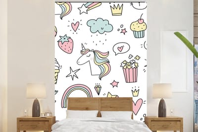 Behang kinderen - Wanddecoratie kinderen - Eenhoorn - Regenboog - Meisjes - Kinderkamer decoratie - 200x300 cm - Kinderbehang