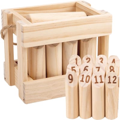 Houten Werpspel - Tuinspel Blokken - Familie Buitenpret - Genummerde Blokken 1-12 - 14x12x10 cm - Meerkleurig