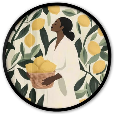Poster in lijst Rond - Fotolijst 40x40 cm - Posters - Vrouw - Mand - Citroenen - Bladeren - Ronde posterlijst zwart - Decoratie - Wanddecoratie woonkamer - Muurdecoratie slaapkamer