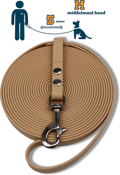 Miqdi lange lijn - BioThane ® - creme - 5 meter lang - 13 mm breed - M - middelmaat hond - lange hondenriem