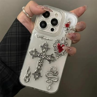 Luxe Bling Gotisch Kruis Liefdeshart Vlam Slang Transparante Telefoonhoes Voor iPhone 17 16 15   11 Pro Max 14 Plus Epoxy Zachte Cover For iPhone 13 gray