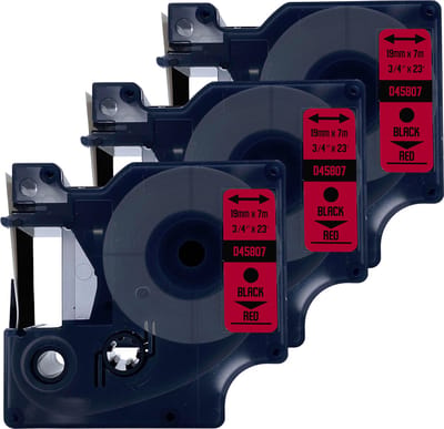 DULA Dymo D1 45807 - S0720870 - Compatible label tape - 3 lettertapes - Zwart op rood - 19mm x 7m