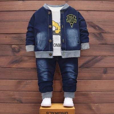 Lente Herfst Kinderen Kids Kleine Jongens Kleding Set 3-delige Set Lange Mouw Katoenen Hoodie T-shirt Denim Jas Jas en Jeans 80cm black