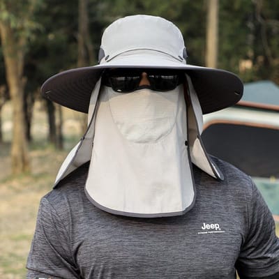 Chapeau de pêche seau à séchage rapide pour homme avec protège-nuque amovible et protection faciale, grand bord, casquette d'été anti-soleil, dessus de chapeau amovible 56-60CM
