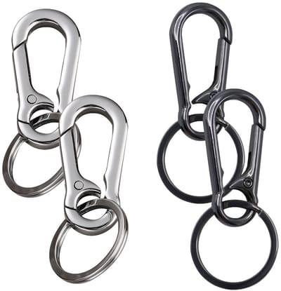 Dailygoods- Sleutelring 4-delig - Metalen Sleutelring - Karabijnhaak - Duurzaam - Zwart/Zilver - Afmetingen 22 mm x 47 mm, 30 mm x 70 mm - Sleutelhanger