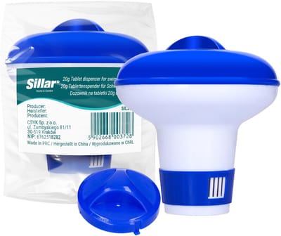 Sillar Chloordispenser Zwembad – Drijvende Doseerder voor Chloortabletten en Actieve Zuurstof 20 g – 5-Standen Waterdoorlaat Regeling – Blauw/Wit
