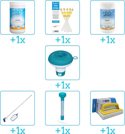 Zwembad Onderhoudspakket - Onderhoud Zwembad - bevat Chloor - Testrips - Chloor - Chloordrijver - Schoonmaakset - Thermometer en Scrubborstel (7-delig)