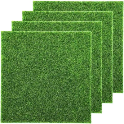 Set van 4 hoogwaardige kunstgrasmatjes – 15 x 15 cm groene kunstgrasmat – realistische - Antislip synthetisch gras voor-doe-het-zelf-miniatuurtuinen-en-terrassen-simulatie-en-milieuvriendelijk - 5mm