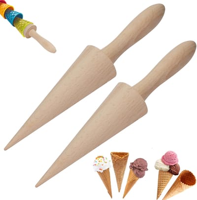 2 stuks Houten kegelroller - pizzelleroller - ijshoorntjesroller - natuurlijke wafelhoorntjesroller - houten miniwafelhoorntjes - gebakdecoratie bakgereedschap kegelvorm pizzelleroller