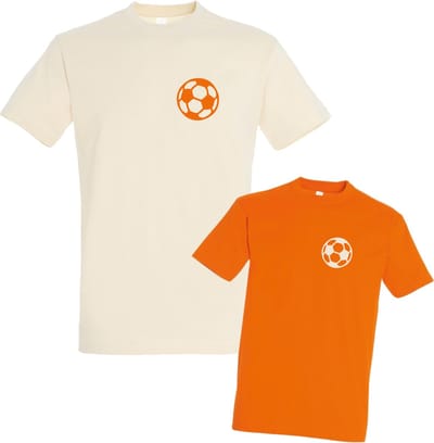 Shirts voor Vader en Kind-Beige-Oranje-met voetbal-Heren S-Kind 86