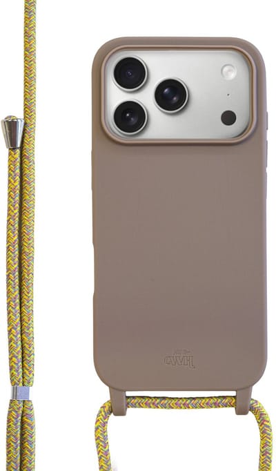 xoxo Wildhearts silicone case met koord - Telefoonhoesje geschikt voor iPhone 17 Pro - Backcover met telefoonkoord - Hoesje met koord - telefoonketting - verstelbaar koord - Bruin