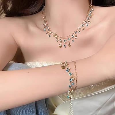 2-delige elegante turquoise kralen sieradenset - Boheemse stijl - Damesketting en armband accessoires - 30 cm - Geschikt voor zomervakanties en dagelijks gebruik - Turquoise