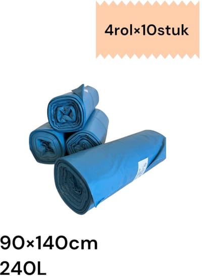 Afvalzakken – 100% blauw recycle vuilniszakken / lekbestendig / 4 rollen x 10 stuks ( 40 stuks ) / 240 liter / 90*140 cm.