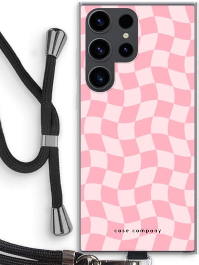 Case Company® - Hoesje met koord geschikt voor Samsung Galaxy S23 Ultra hoesje met Koord - Grid Roos - Telefoonhoesje met Zwart Koord - Bescherming aan alle Kanten en Over de Schermrand