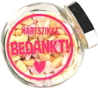 Bedankt - Snoeppot "Hartstikke bedankt" gevuld met snoephartjes - bedankt cadeautje