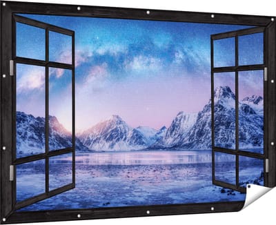 Gards Tuinposter Doorkijk Melkweg bij de Besneeuwde bergen - 180x120 cm - Tuindoek - Tuindecoratie - Wanddecoratie buiten - Tuinschilderij