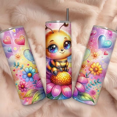 Creasowl® - Bij Thermosbeker - Roestvrijstalen Tumbler - Geïsoleerde drinkbeker - Koffiebeker - Koffie beker - 600ml - Warme en koude dranken - Anti lek dop - Vaatwasser bestendig - Ijzeren rietje - schoolbeker - To go beker - Kinderen - Volwassenen