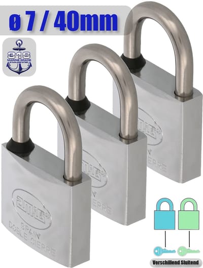AMIG Hangslot met Sleutel RVS Ø7/40mm - Standaard Beugel Buiten 3 Stuks