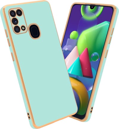 Cadorabo Hoesje geschikt voor Samsung Galaxy M31 in Glossy Mintgroen - Goud - Beschermhoes Case Cover van flexibel TPU-silicone en met camerabescherming