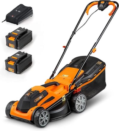 Accugrasmaaier - Elektrische Grasmaaiers - Gazontrimmer - Grastrimmer - met Mulchmaat 32L - Maaibreedte 34cm - Maaihoogte op 6 Niveaus - 2 x 4000 mAh Lithium-ion Accu - Oplader - 24V - Zwart&Oranje