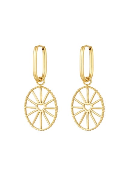 oorbellen met mooi hanger - wiel met hartje - earrings with charm coin and heart - goud - gold - stainless steel - waterproof - cadeau