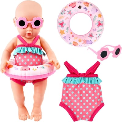 Zwempak voor poppen, zwembadkleding voor poppen, poppenkleding, accessoires met strandkleding, zonnebril, zwemring voor pop, 35-45 cm