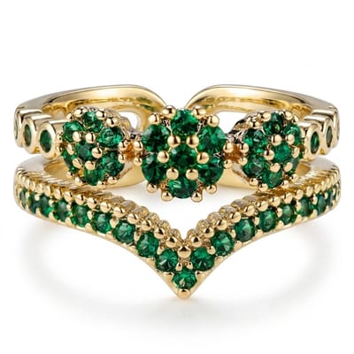 Goudkleurige ring dames aanschuifring open ring dubbele laag V vorm bloemen design groene steentjes verstelbare ring minimalistische sieraden