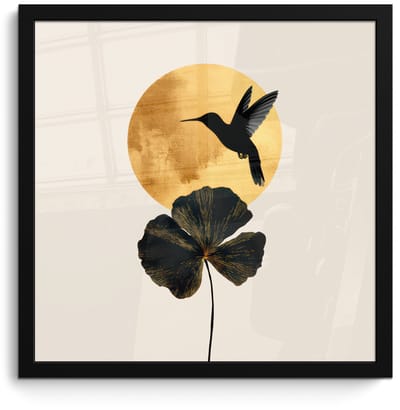 Poster in lijst - Fotolijst 40x40 cm - Posters - Zwarte kolibrie - Bloem - Gouden cirkel - Posterlijst zwart - Decoratie - Wanddecoratie woonkamer - Muurdecoratie slaapkamer