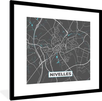 Fotolijst incl. Poster - Stadskaart – Grijs - Kaart – Nivelles – België – Plattegrond - 40x40 cm - Posterlijst