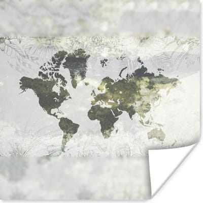 Poster 30x30 cm - Wereldkaart - Bloem - Grijs - Posters - Kamer decoratie - Wanddecoratie woonkamer - Muurdecoratie slaapkamer