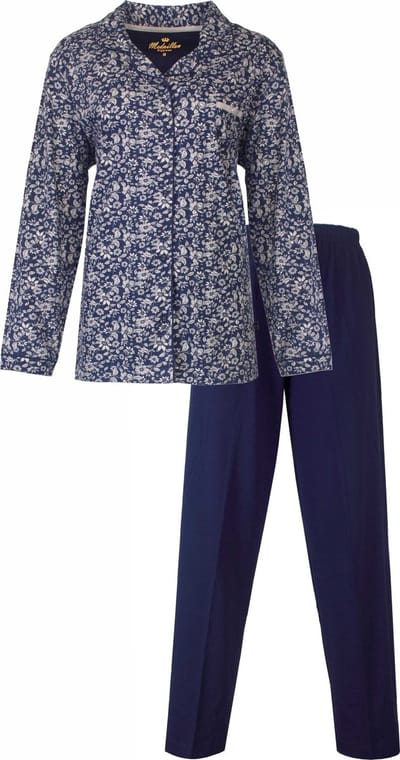 Medaillon Dames Pyjama - Doorknoop - Lange Mouwen - Blauw - Maat S