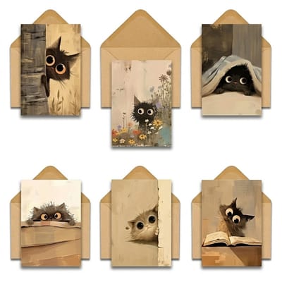 Vintage katten wenskaarten set dames en heren cadeau kaarten met enveloppen retro katten illustraties blanco kaarten met houtlook achtergrond set 12 delig inclusief 6 kaarten en 6 enveloppen